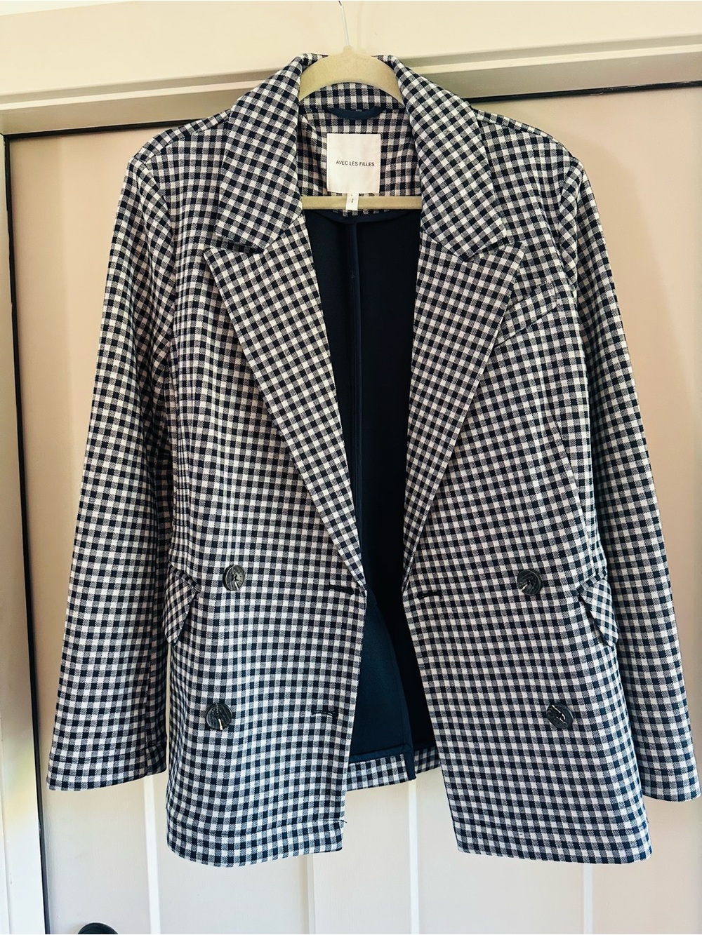 Anthropologie Avec Les Filles Navy & White Gingham Double-Breasted Blazer, Small